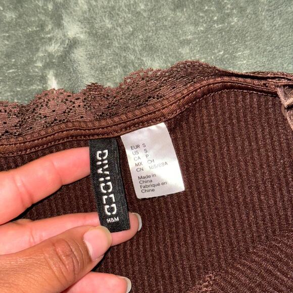 H&M Bodycon Dress Women's Small Brown Ribbed Lace Trim Spaghetti Straps Coquette - Picture 8 of 9